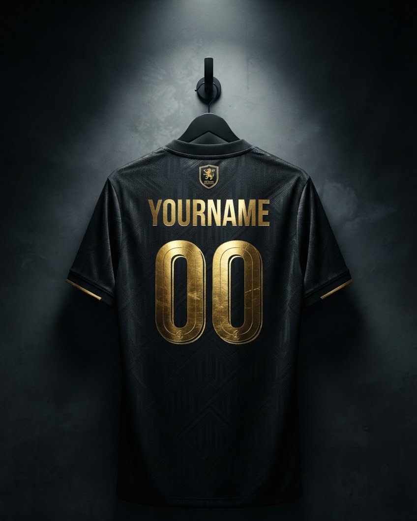 Black jersey with a personalised gold name and number