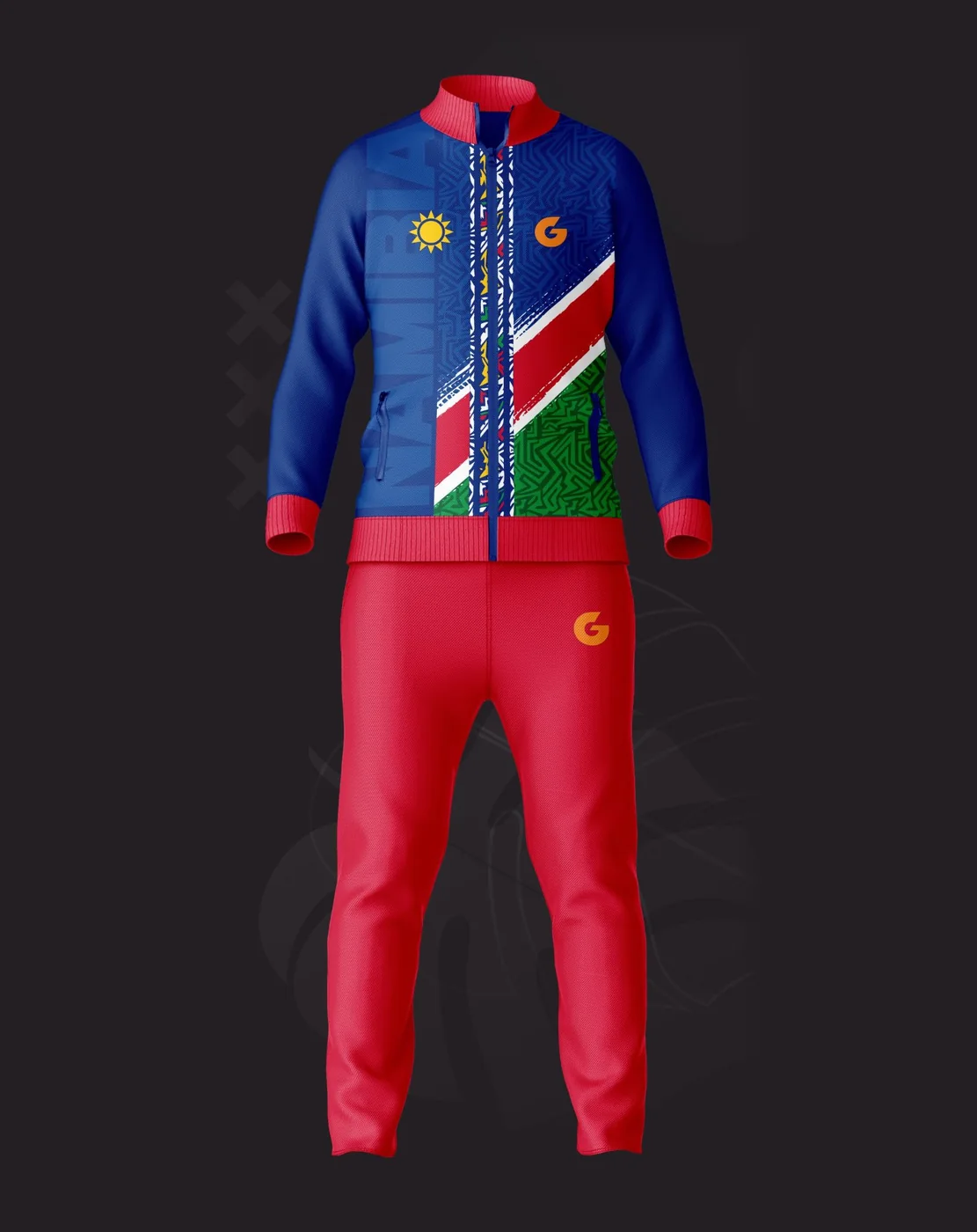Red and blue tracksuit, Namibia collection