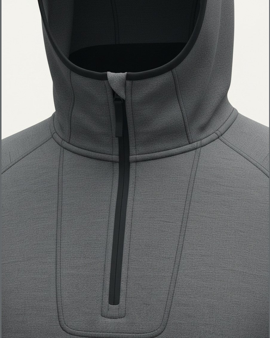 Tech Quarter Zip Hoodie, Original, construction and finishing detail